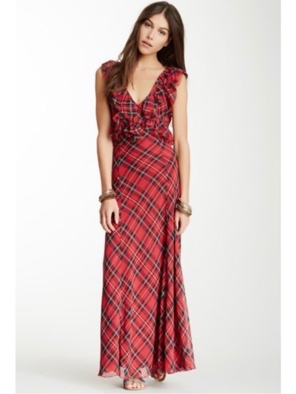 Free People Venetia Red Tartan Plaid Maxi Dress Size 2 Grunge Preppy